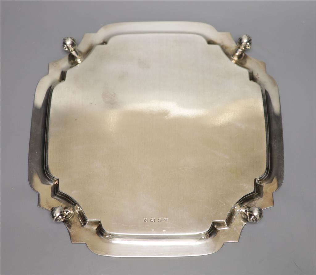 A George V silver shaped square salver, S. Blanckensee & Son Ltd, Birmingham, 1932, 26.7cm, 22oz.